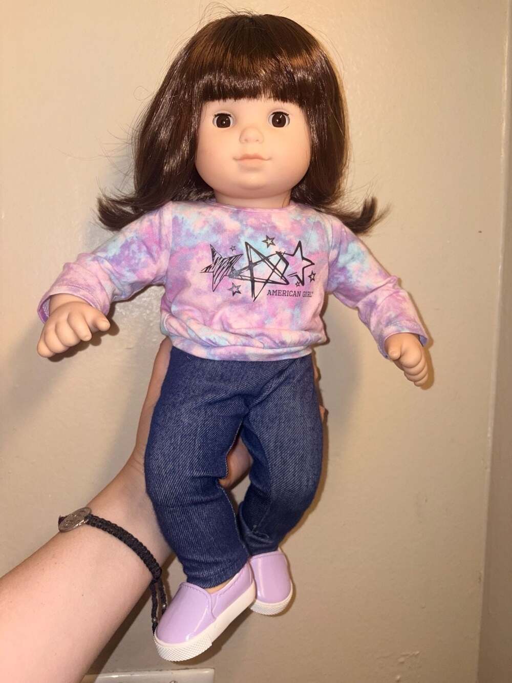 American Girl Bitty Baby Brunette Doll with Star Outfit and Purple Shoes